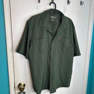Orvis men's short-sleeve button-down performance shirt in a green made of 100% p